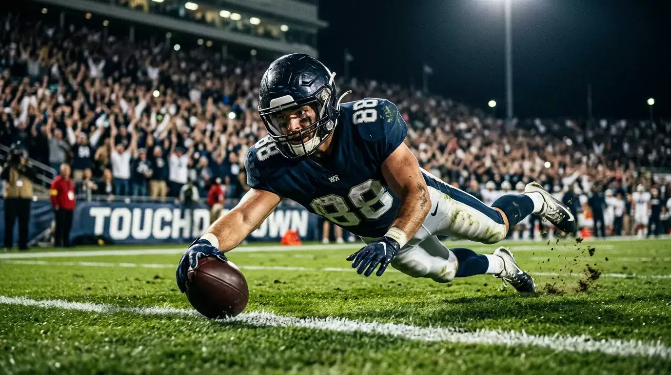 American football player crossing the goal line to score a touchdown