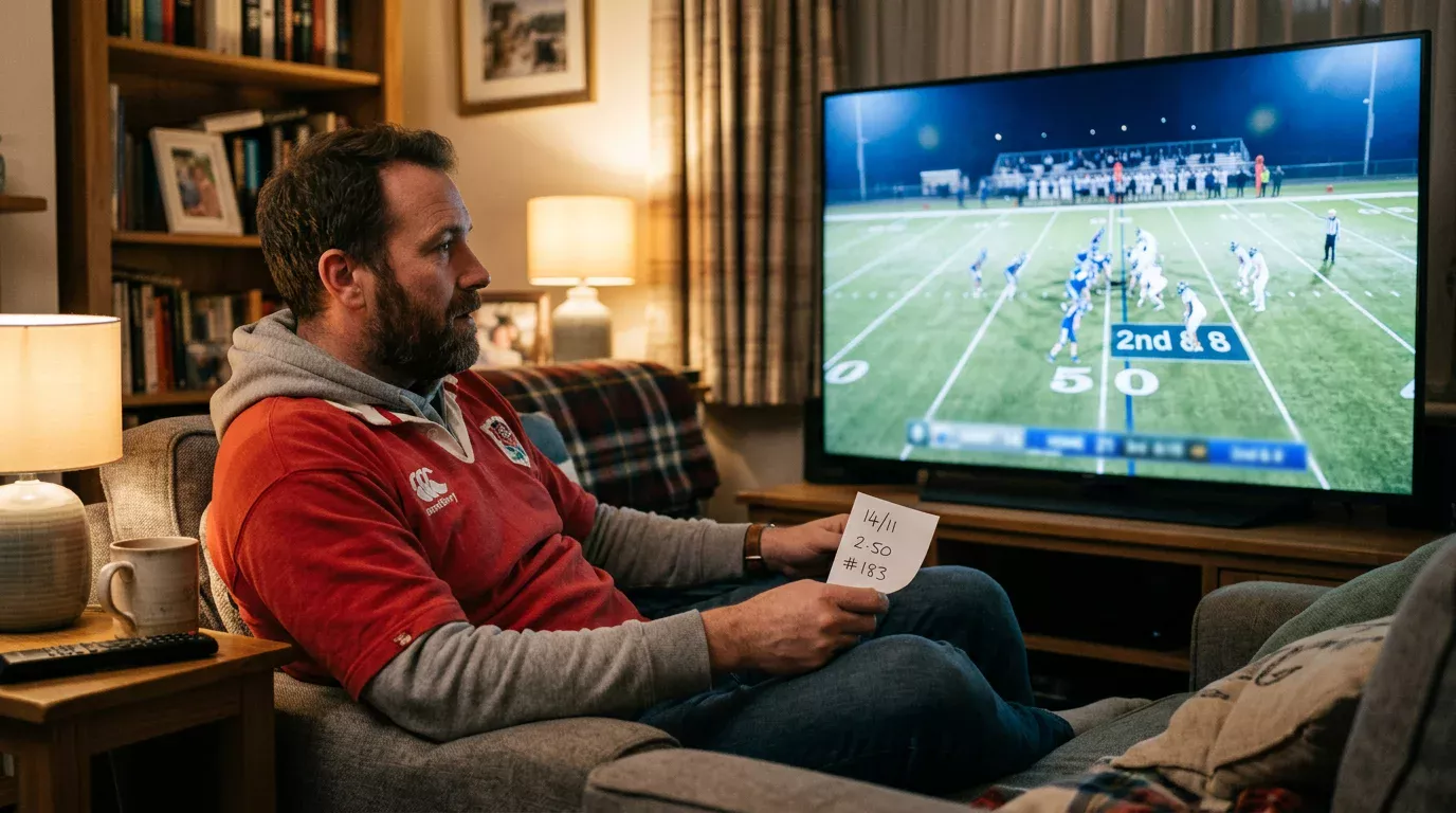 UK fan watching an NFL game on television while holding a side bet slip