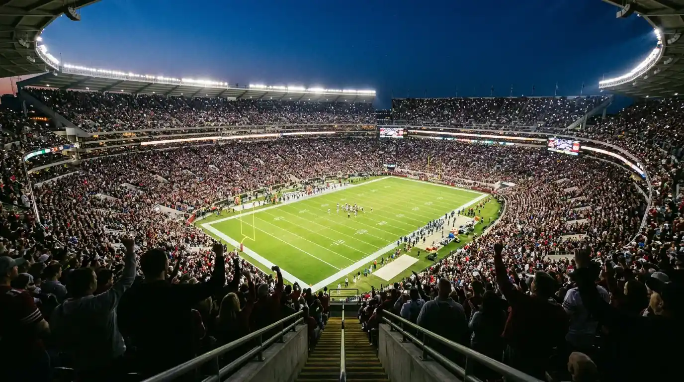 Packed American football stadium lit up for the Super Bowl on game day